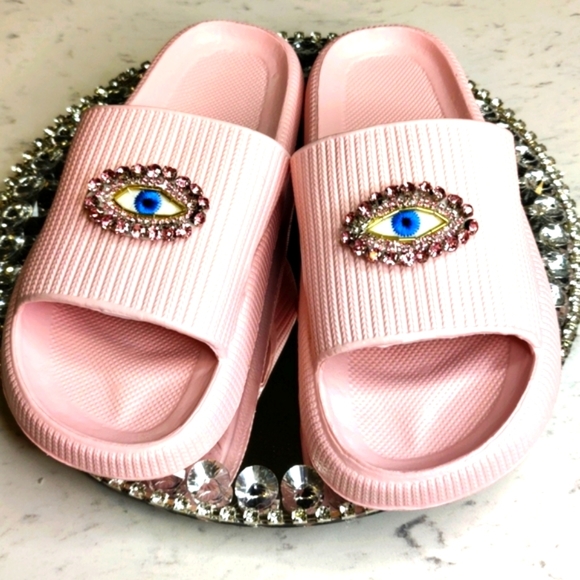 Shoes - Pink Evil eye Rhinestone slides Size 8
